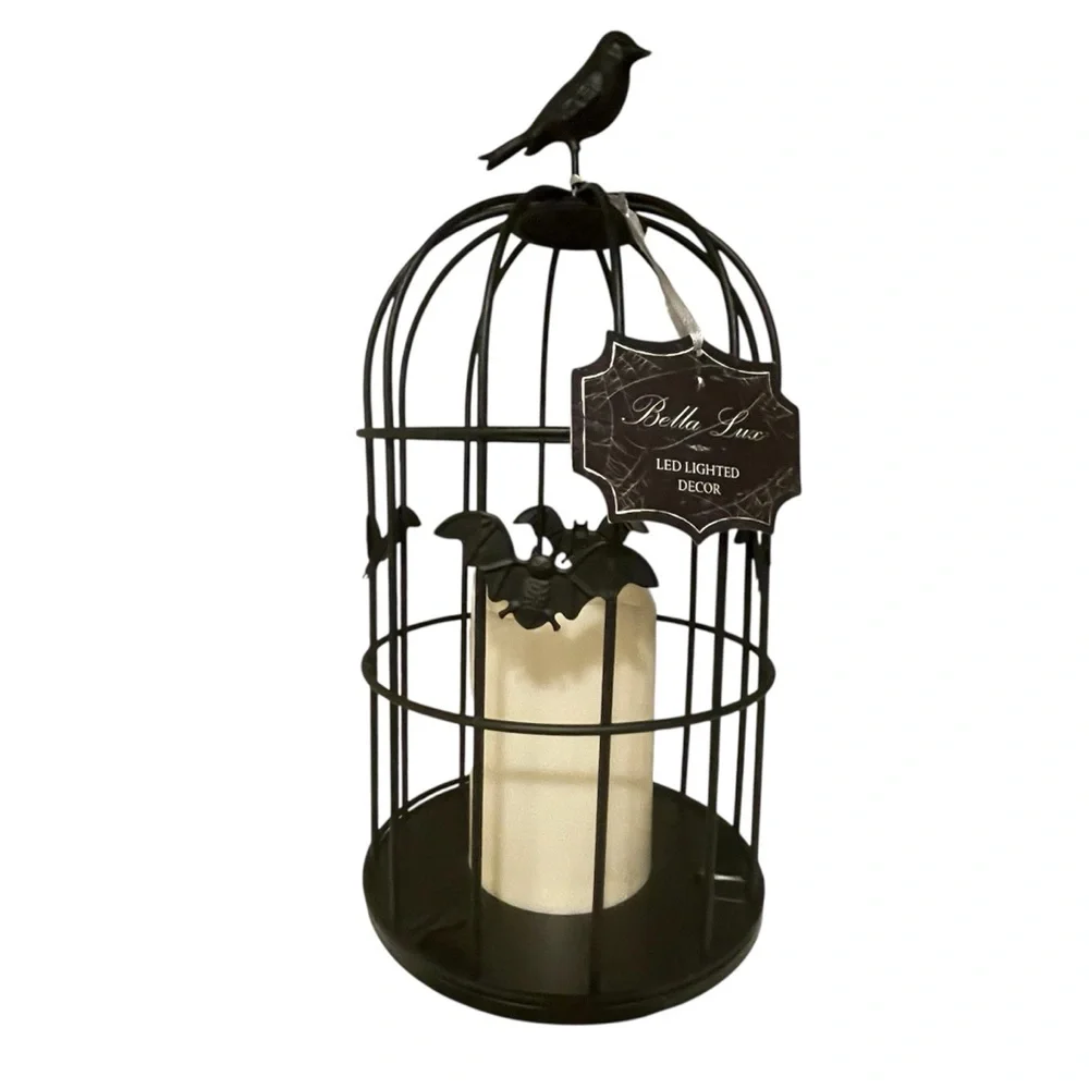 NWT Halloween Bella Lux Black Bird Cage LED Candle Holder w/Bats and Bird on Top